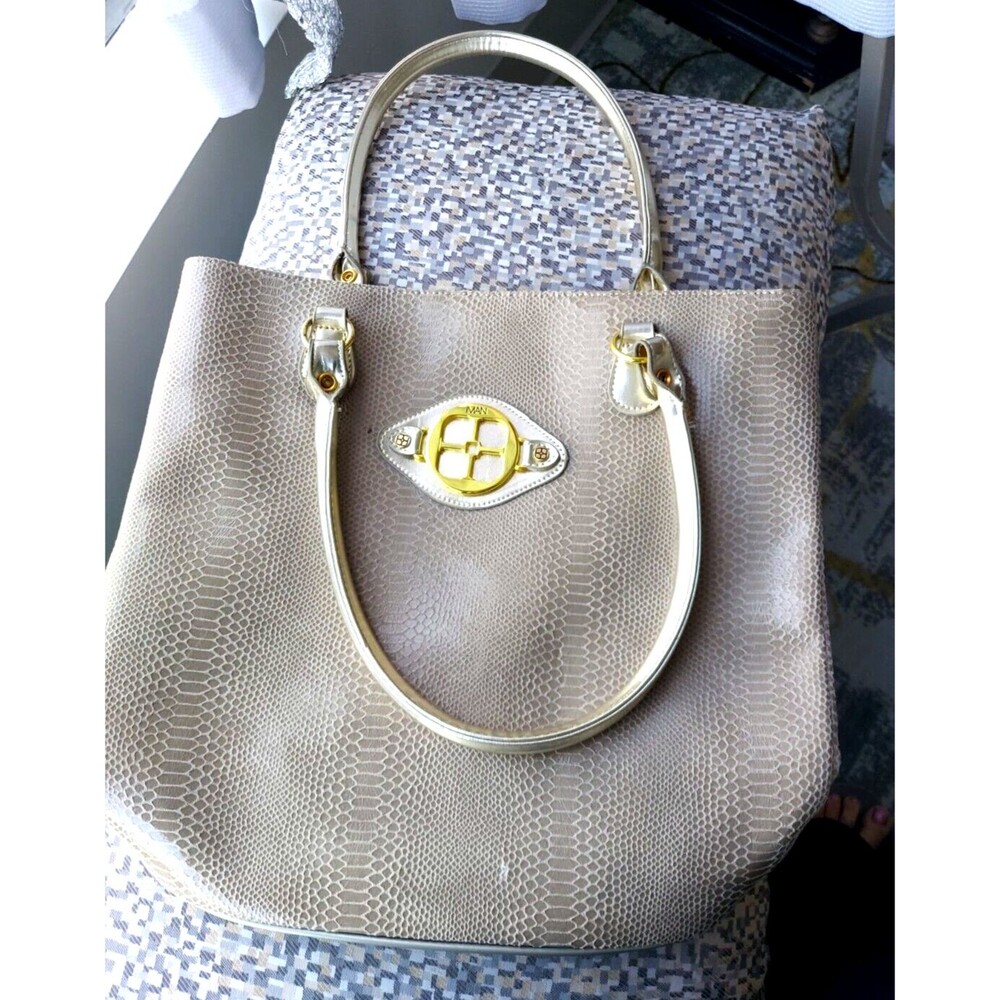 IMAN Global Chic Collection Grey Gold Tote Bag Faux snakeskin NEW Large 14 x16"